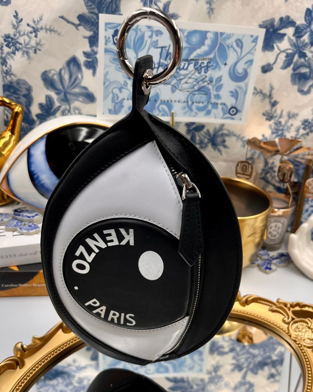 Oversized silver-tone circular clip on KENZO Kontact Eye leather pouch