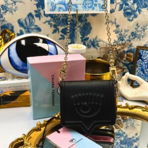 Black Chiara Ferragni Eyelike wallet on chain, front view