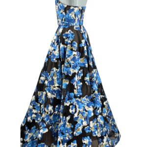 BRONX AND BANCO Cassandra Gown in black and blue floral tulle, angled back view