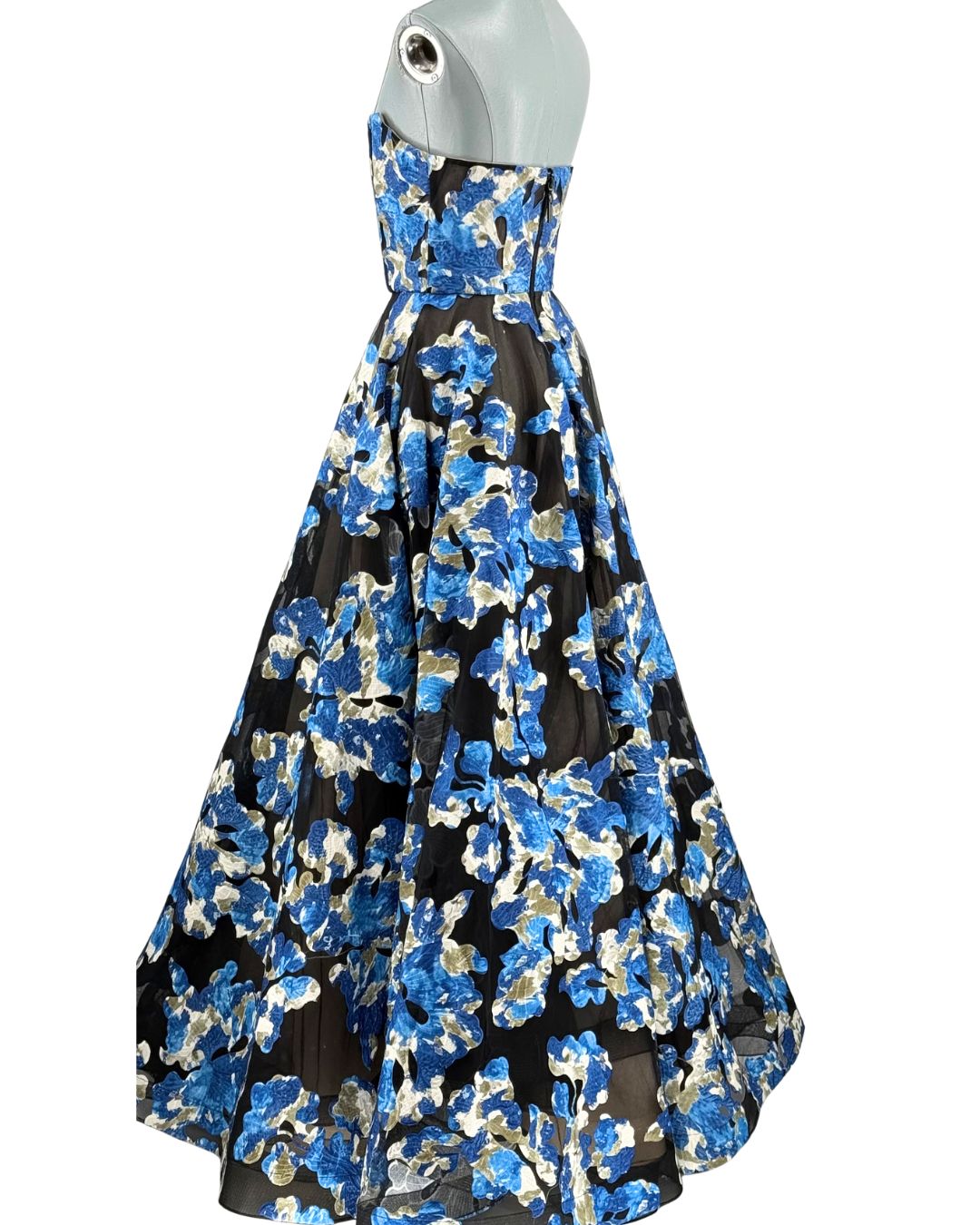 BRONX AND BANCO Cassandra Gown in black and blue floral tulle, angled back view