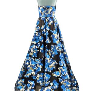 BRONX AND BANCO Cassandra Gown in black and blue floral tulle, back view