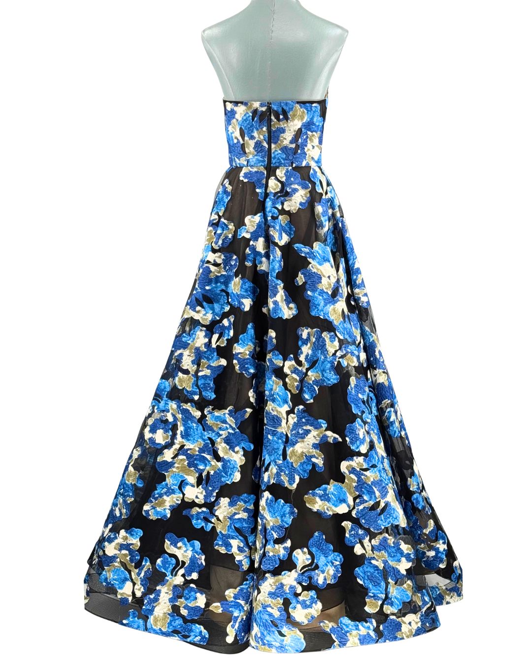BRONX AND BANCO Cassandra Gown in black and blue floral tulle, back view