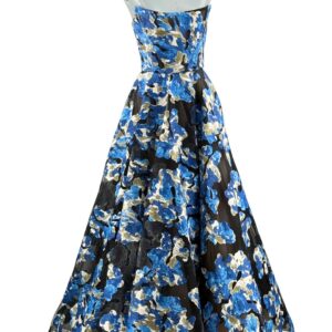 BRONX AND BANCO Cassandra Gown in black and blue floral tulle, front view