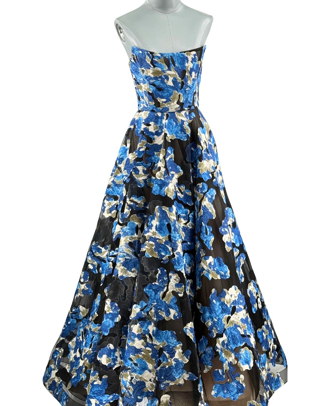 BRONX AND BANCO Cassandra Gown in black and blue floral tulle, front view