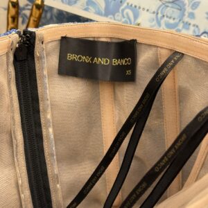 BRONX AND BANCO Cassandra Gown in black and blue floral tulle, label tag