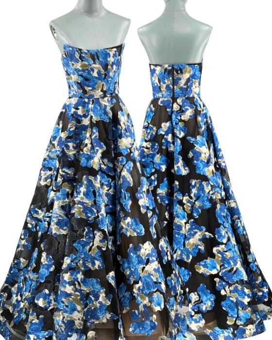 BRONX AND BANCO Cassandra Gown in black and blue floral tulle, main