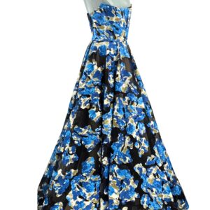 BRONX AND BANCO Cassandra Gown in black and blue floral tulle, side view