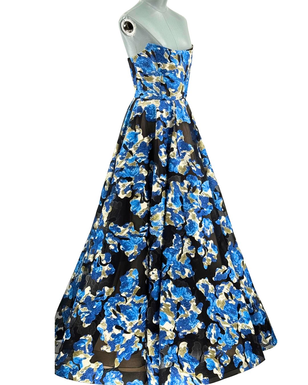 BRONX AND BANCO Cassandra Gown in black and blue floral tulle, side view