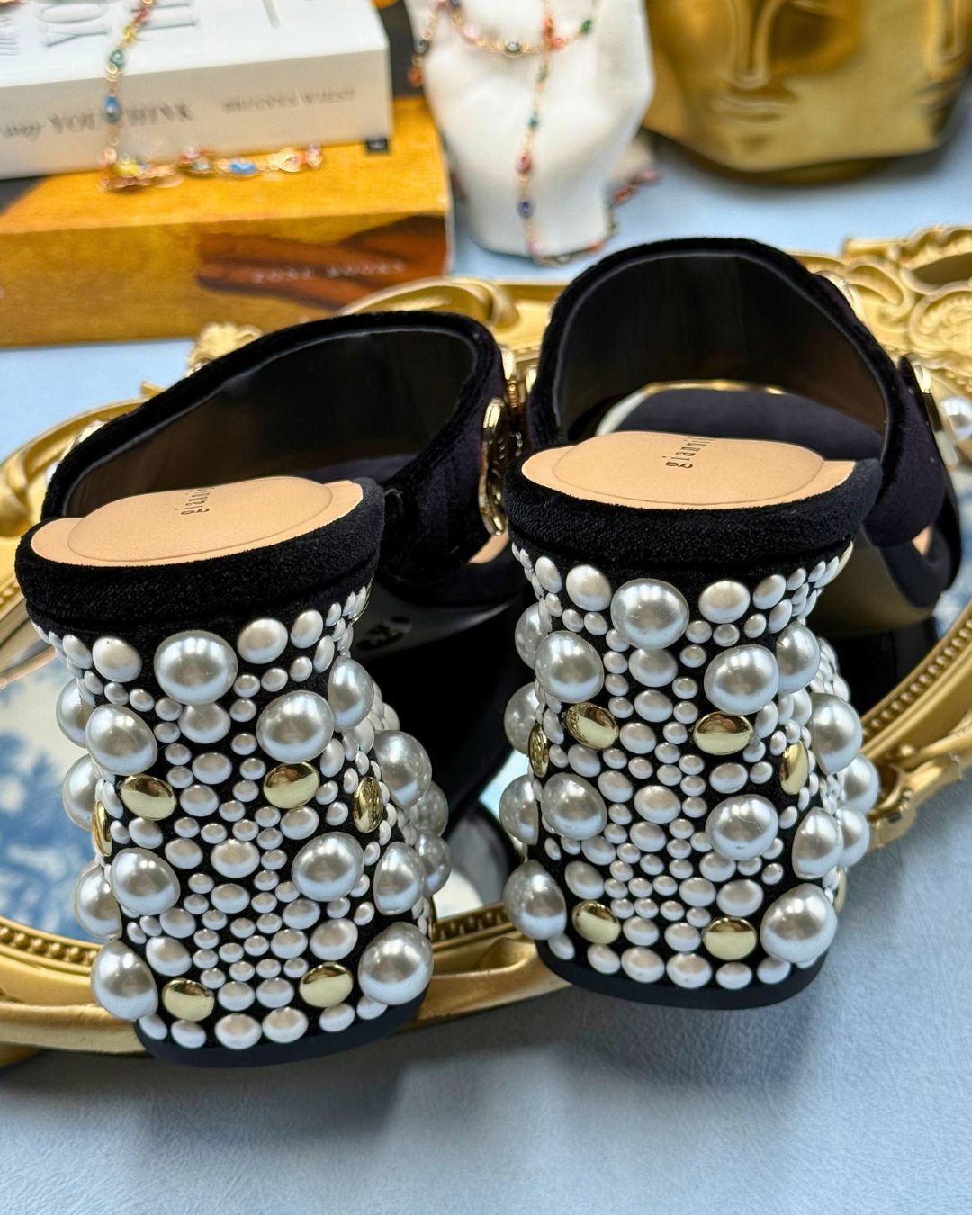 Pearl and stud ornamentation on curved heel of GIANNI BINI Penei sandal
