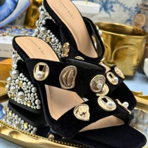 Side view of black GIANNI BINI Penei velvet pearl sandals