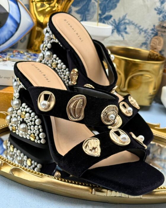 Side view of black GIANNI BINI Penei velvet pearl sandals