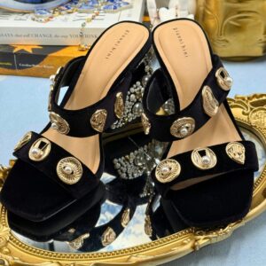 Top view of black GIANNI BINI Penei velvet pearl sandals