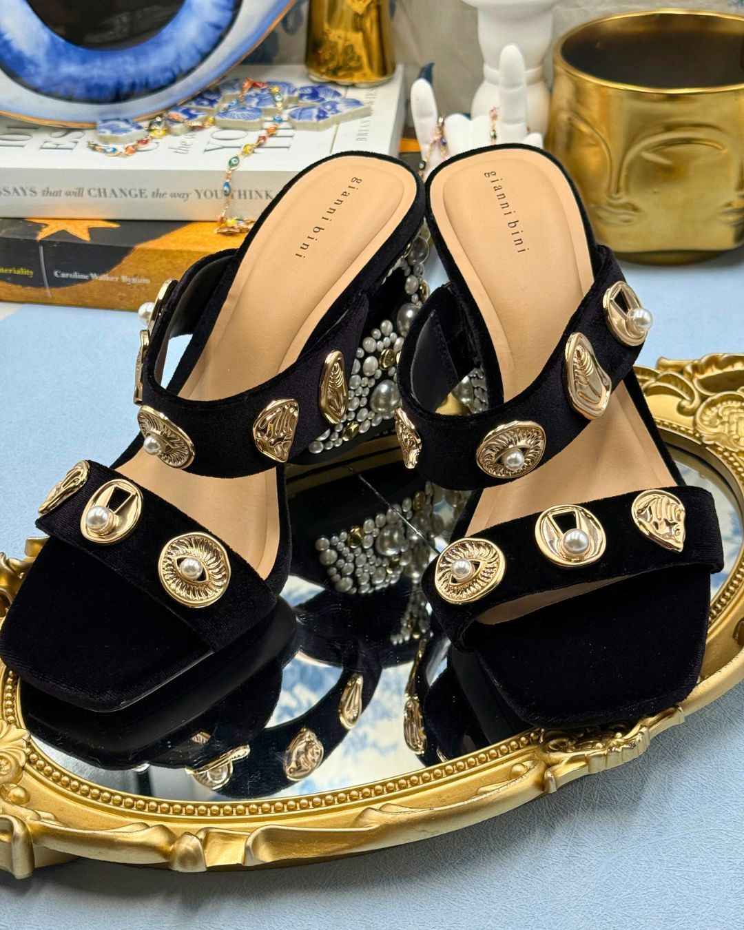 Top view of black GIANNI BINI Penei velvet pearl sandals