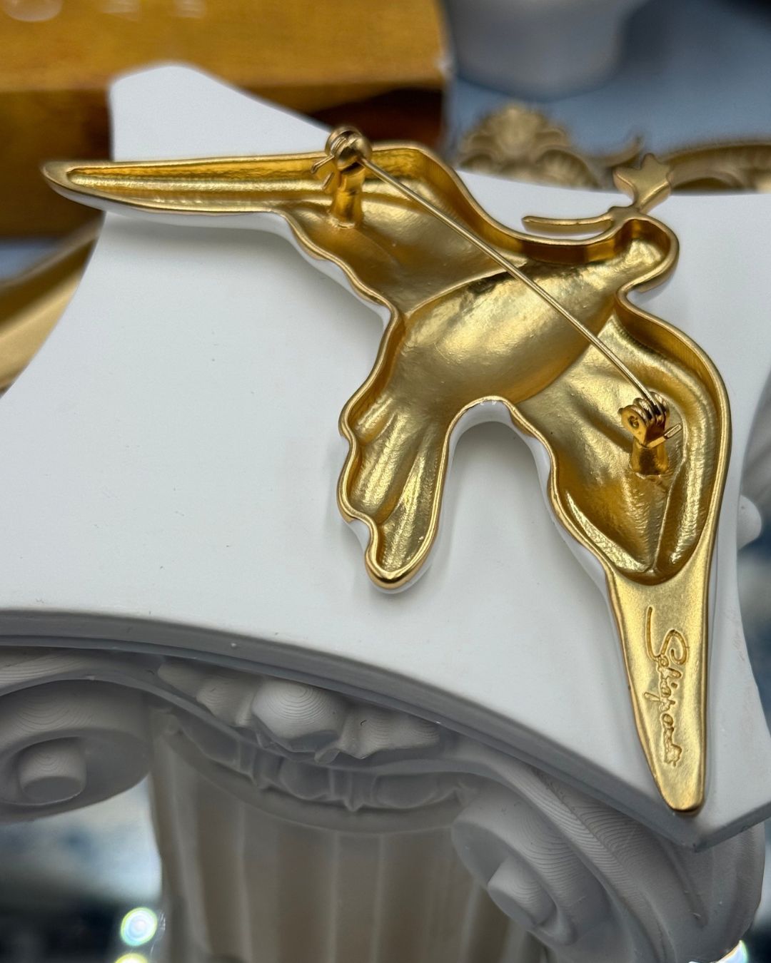 Reverse of SCHIAPARELLI museum collection dove brooch with pin fastening
