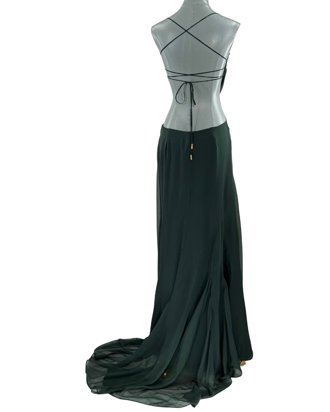 CULT GAIA Aphea forest-green silk dress, back view