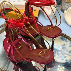 Crystal embellishment on red-and-pink satin Kurt Kiss sandal