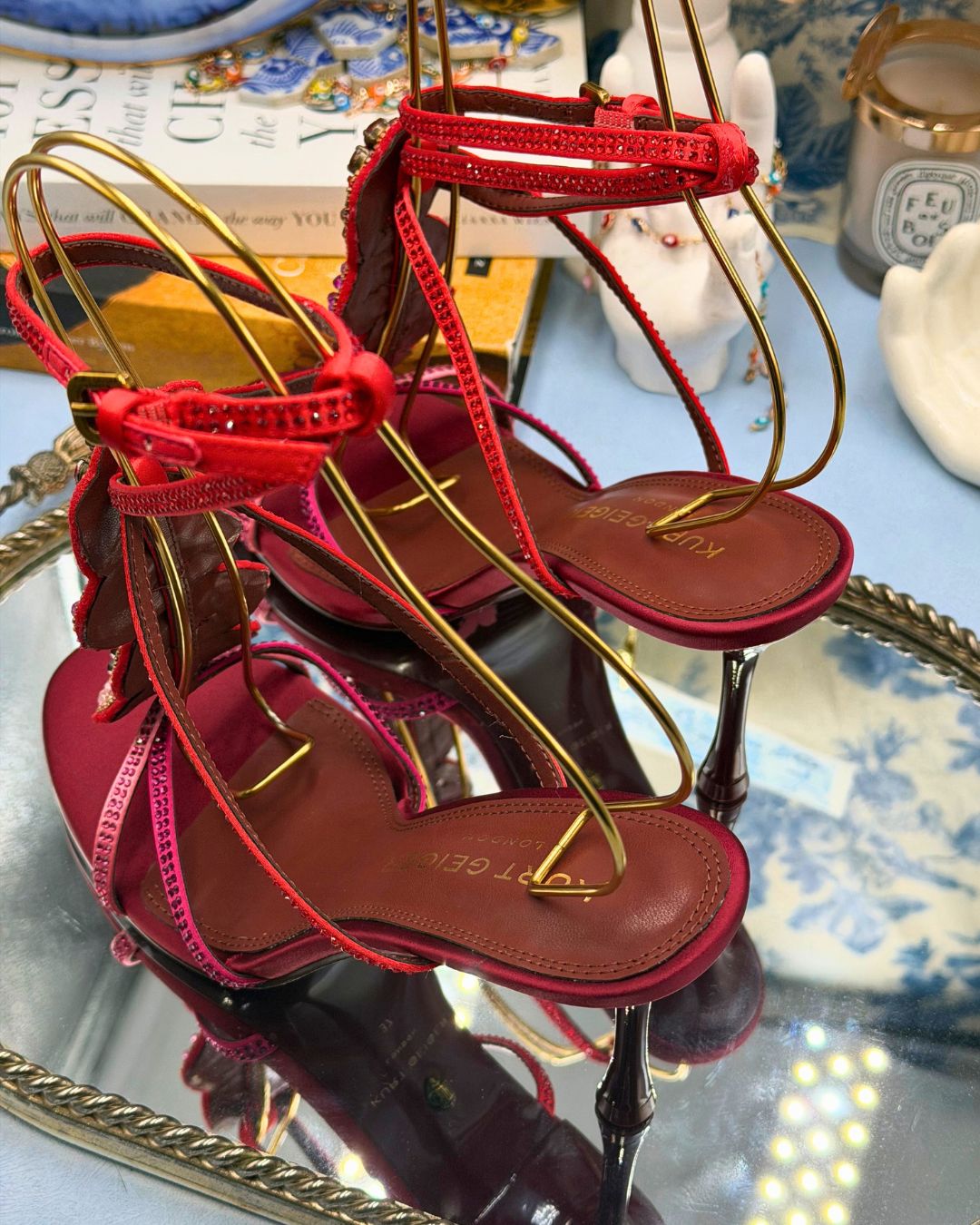 Crystal embellishment on red-and-pink satin Kurt Kiss sandal
