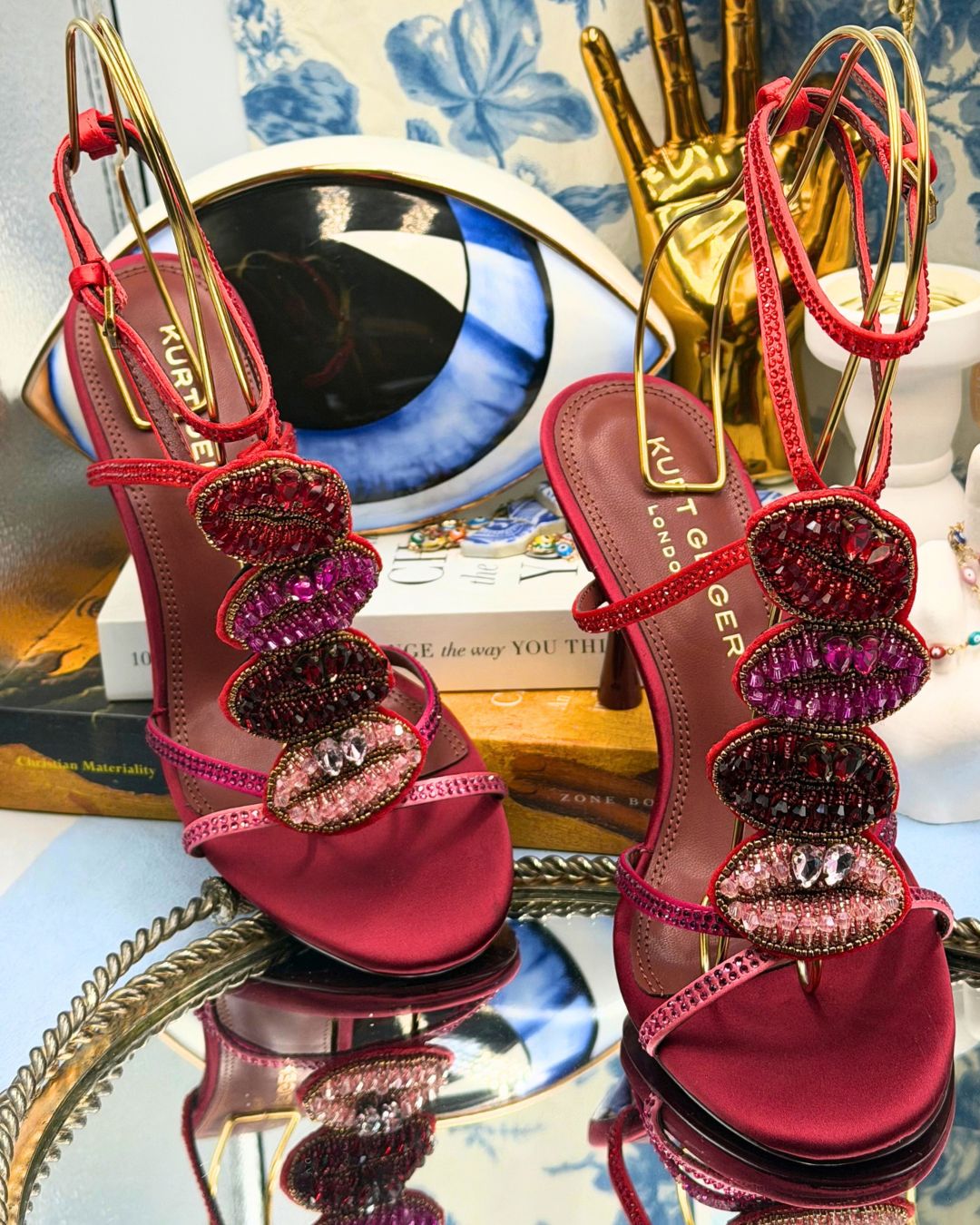 Four crystal-embellished lip motifs on KURT GEIGER LONDON Kurt Kiss sandal
