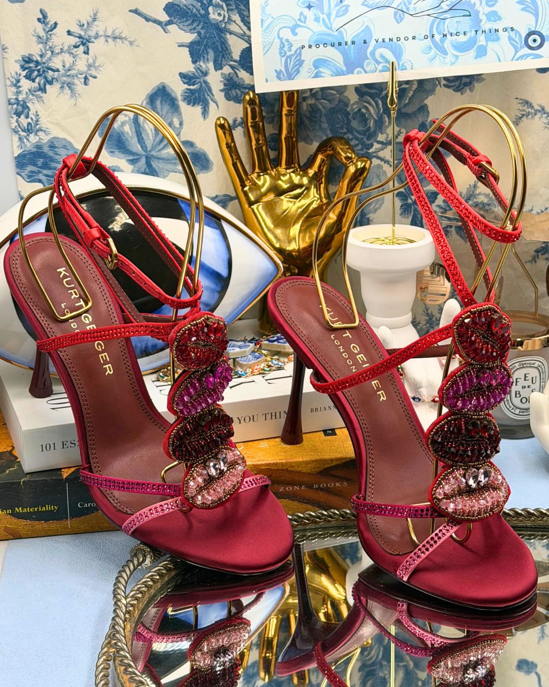 Pair of KURT GEIGER LONDON Kurt Kiss red satin crystal sandals