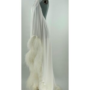 Asymmetric high-low feathered hem of white BRONX AND BANCO Madeline Gown