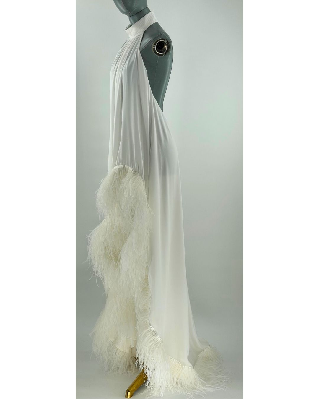 Asymmetric high-low feathered hem of white BRONX AND BANCO Madeline Gown