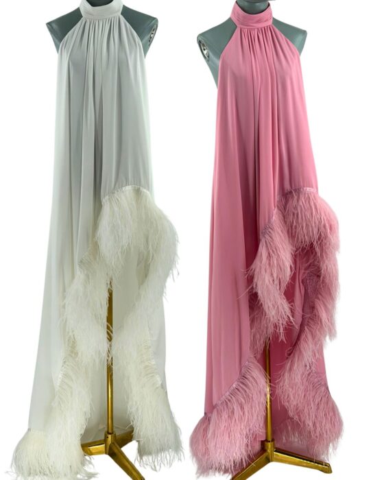BRONX AND BANCO Madeline Halterneck Gown in Baby Pink and White