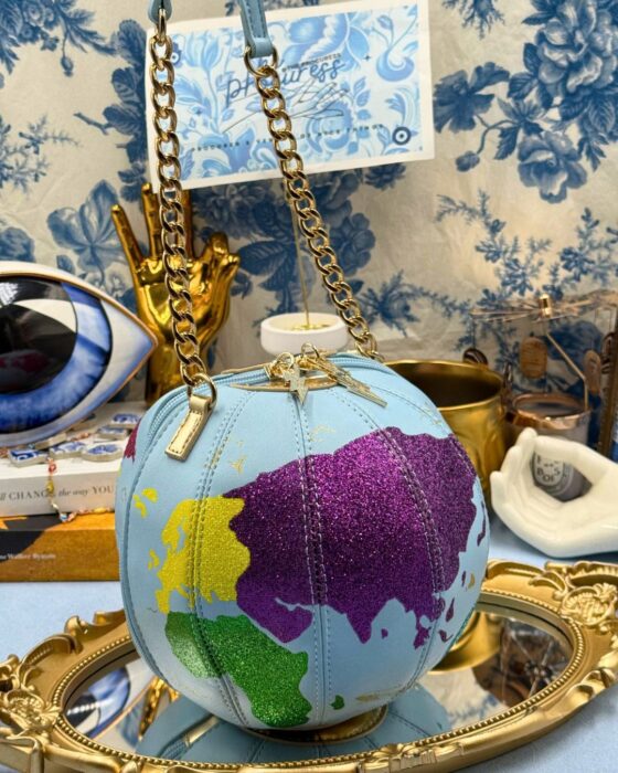 Front view showing the spherical shape of BETSEY JOHNSON globe bag