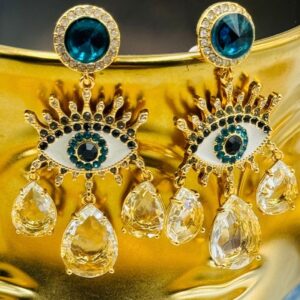 Front view of KURT GEIGER LONDON Evil Eye chandelier earrings