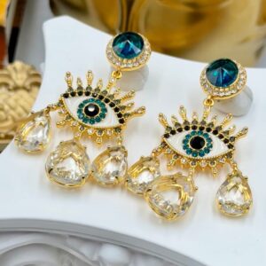 Pair of KURT GEIGER LONDON Evil Eye chandelier earrings with multicoloured crystals
