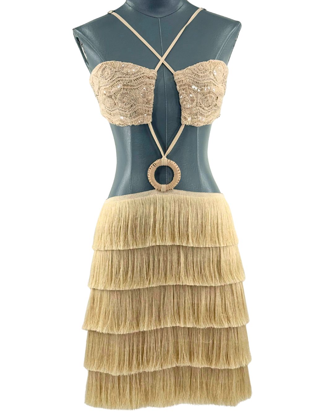 PATBO Crochet Bloom beige cut-out crochet mini dress, front view
