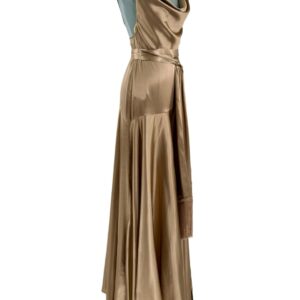 Angled view of BRONX AND BANCO Leo Maxi Dress in caramel satin