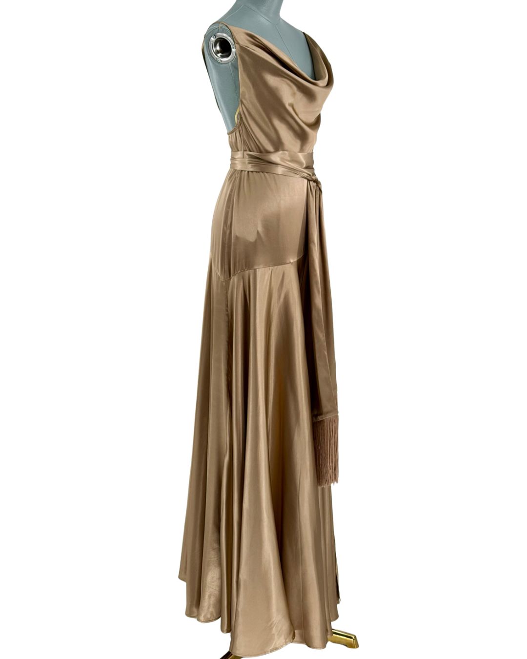 Angled view of BRONX AND BANCO Leo Maxi Dress in caramel satin
