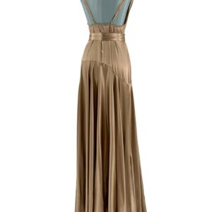 Back view of BRONX AND BANCO Leo Maxi Dress in caramel satin