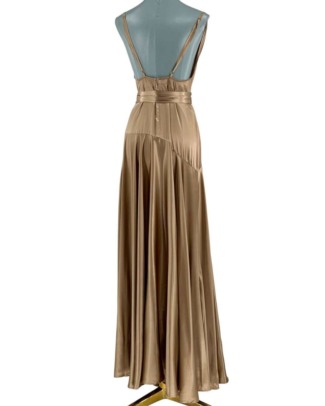 Back view of BRONX AND BANCO Leo Maxi Dress in caramel satin