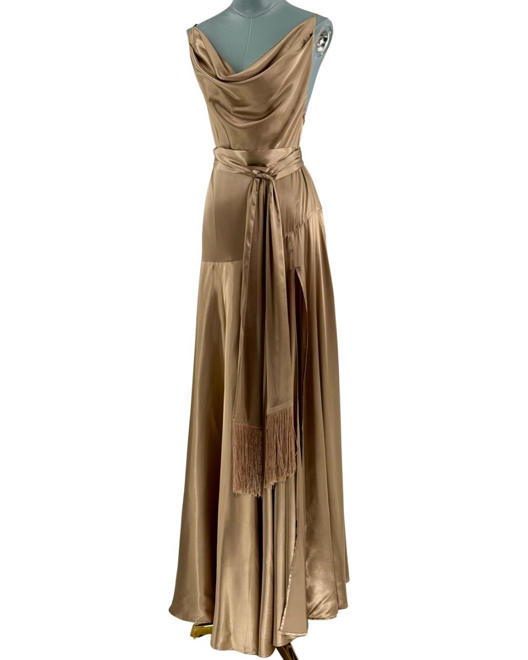 BRONX AND BANCO Leo Maxi Dress in caramel satin, front view