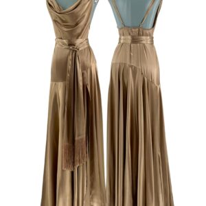 BRONX AND BANCO Leo Maxi Dress in caramel satin, main collage image