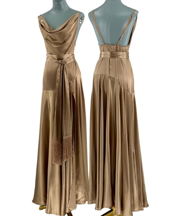 BRONX AND BANCO Leo Maxi Dress in caramel satin, main collage image