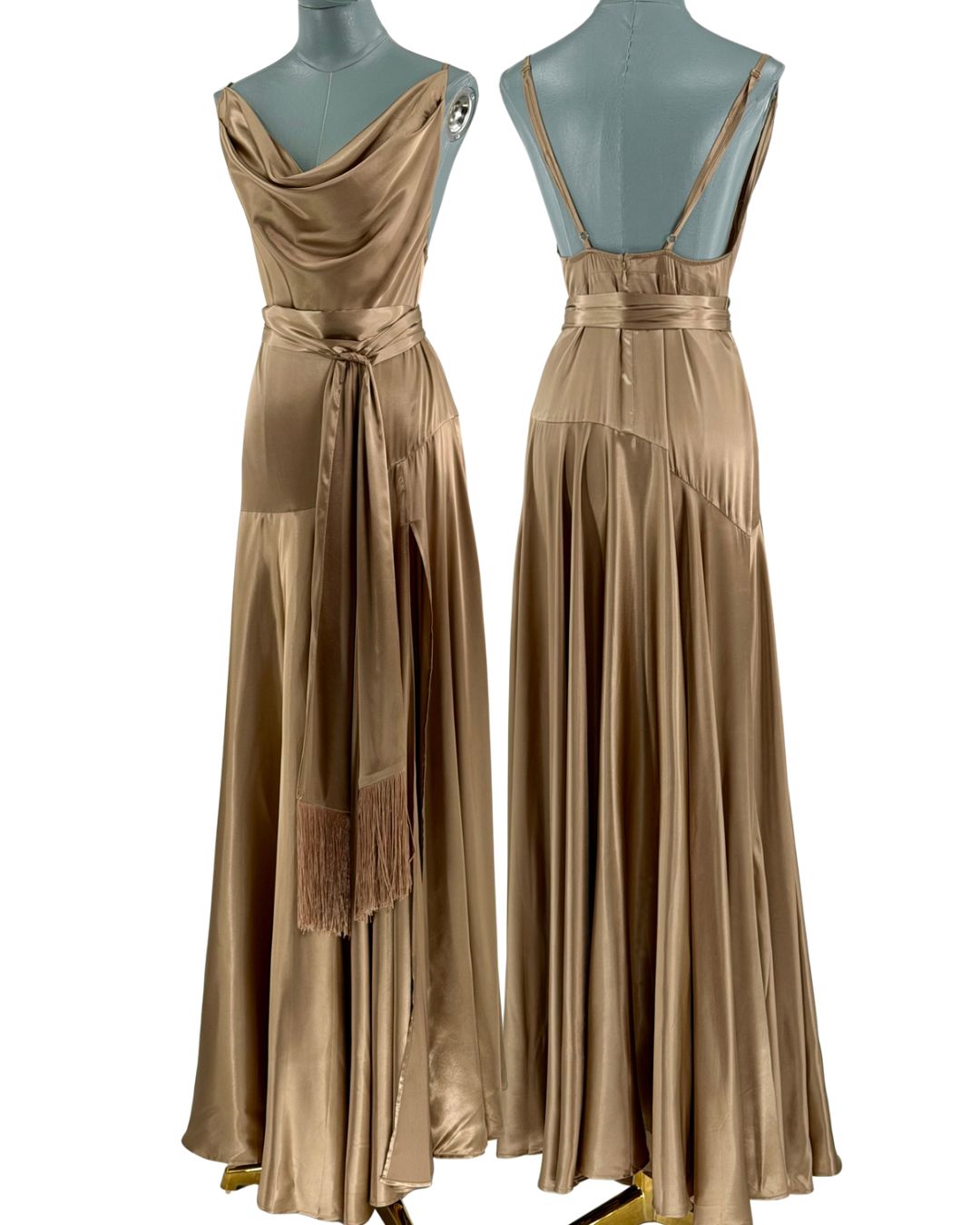 BRONX AND BANCO Leo Maxi Dress in caramel satin, main collage image