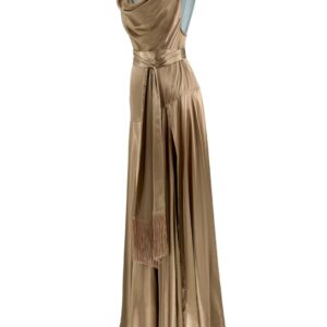 High slit and fringed belt of BRONX AND BANCO Leo Maxi Dress in caramel satin