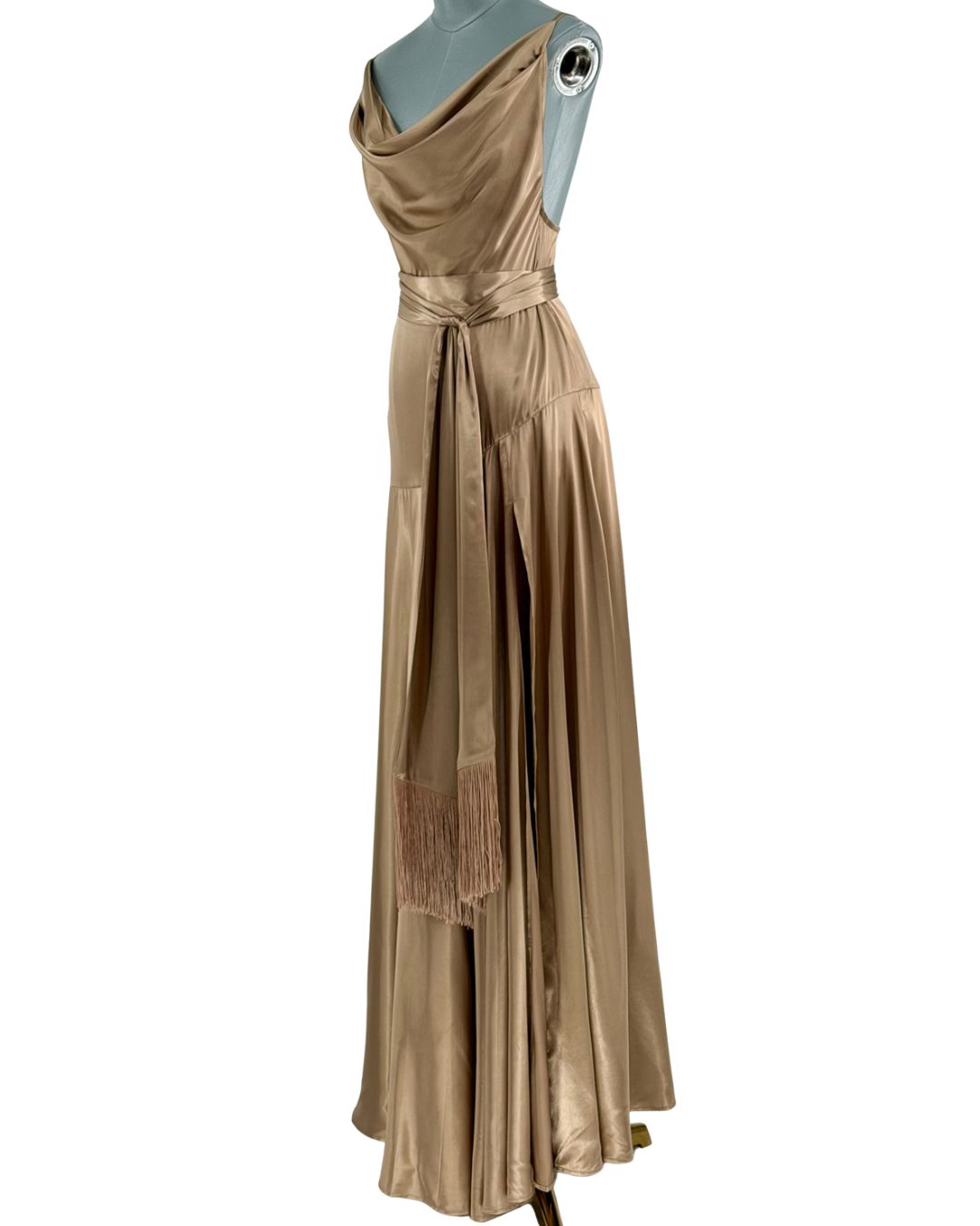 High slit and fringed belt of BRONX AND BANCO Leo Maxi Dress in caramel satin