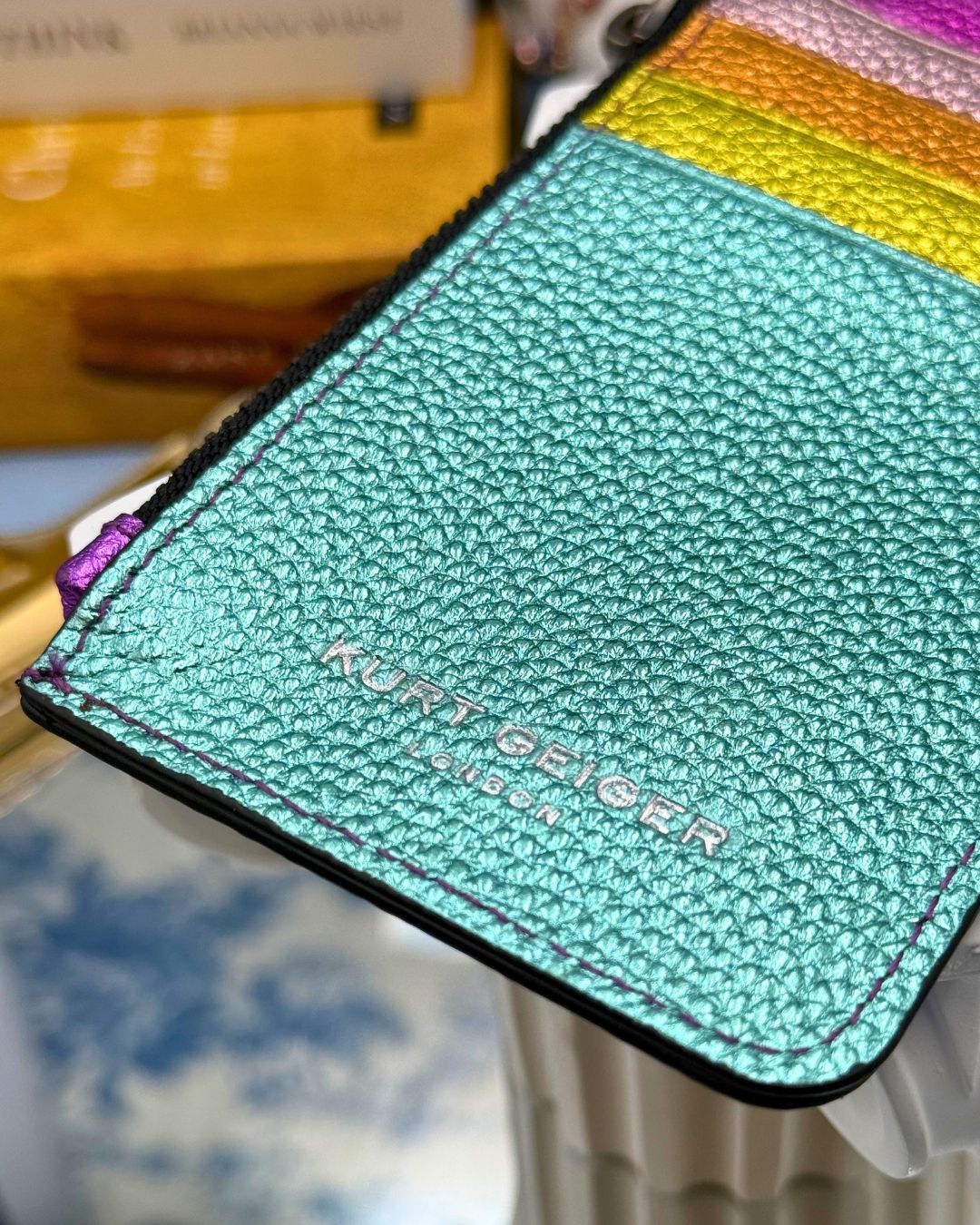 Textured metallic rainbow leather detail on KURT GEIGER LONDON card holder