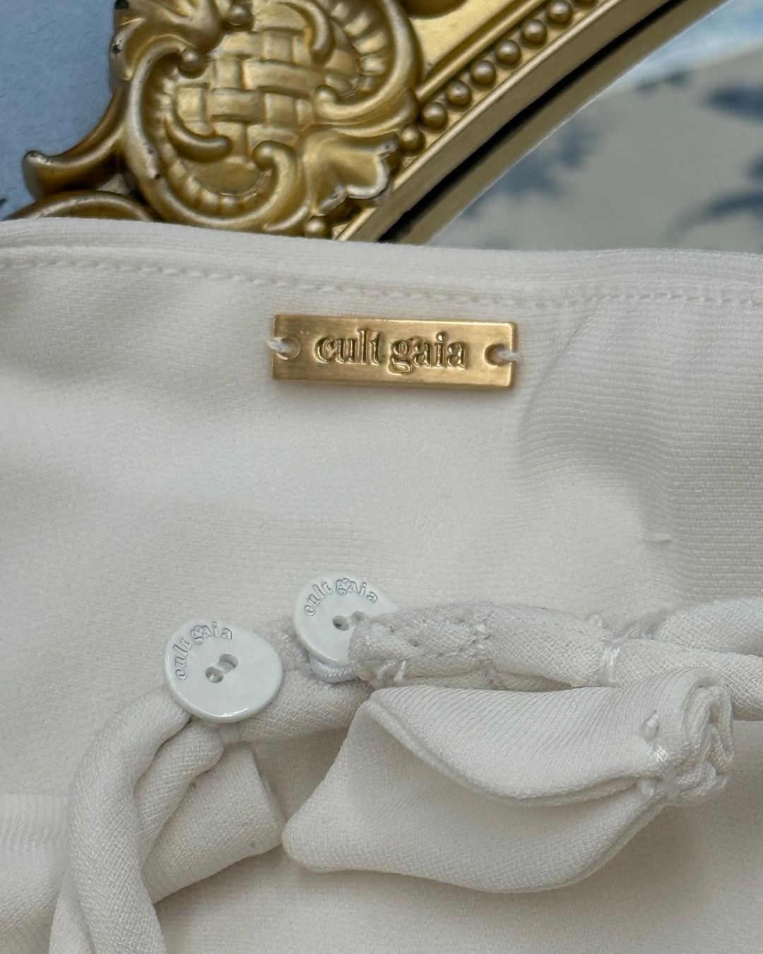 CULT GAIA Elliana Calla Lily Mini Dress in off white, label tag