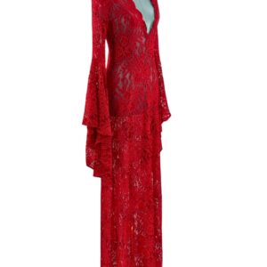 Angled view of red ALEXANDRA MIRO Kara Lace Kaftan