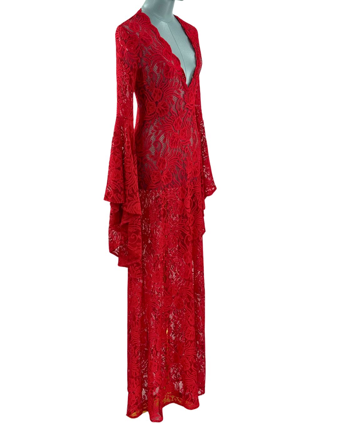 Angled view of red ALEXANDRA MIRO Kara Lace Kaftan