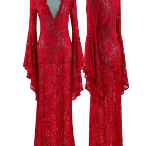 Front and back views of red ALEXANDRA MIRO Kara Lace Kaftan