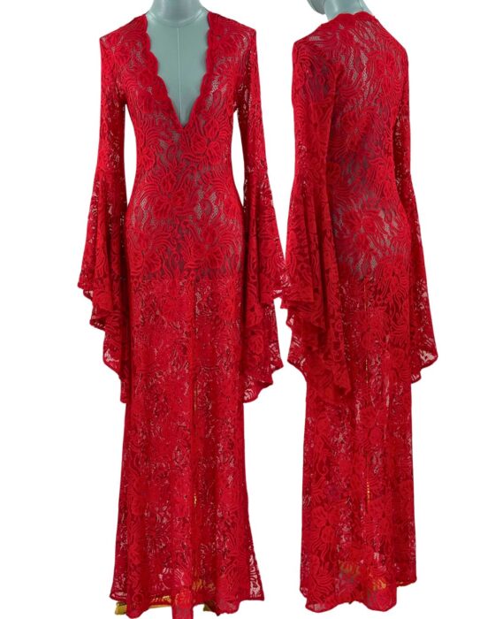 Front and back views of red ALEXANDRA MIRO Kara Lace Kaftan