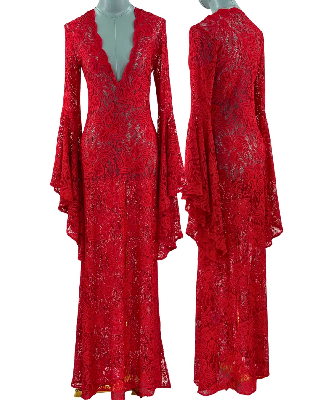 Front and back views of red ALEXANDRA MIRO Kara Lace Kaftan