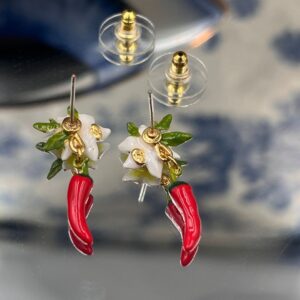Back view of LES NÉRÉIDES Red Chilli and Lily Flower Earrings