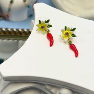 LES NÉRÉIDES Red Chilli and Lily Flower Earrings, front view