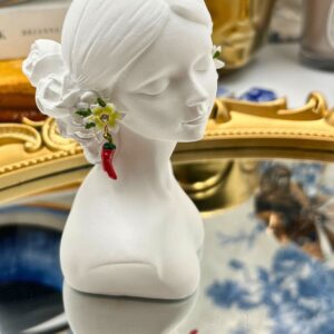 LES NÉRÉIDES Red Chilli and Lily Flower Earrings worn at the ear